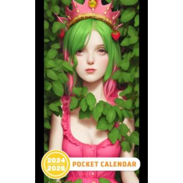 Imagem de Pocket Calendar 2024-2026 With Moon Phase: Three-Year Monthly Planner for Purse, 36 Months from January 2024 to December 2026 | Mrs. Strawberry | Green hair | Pink dress