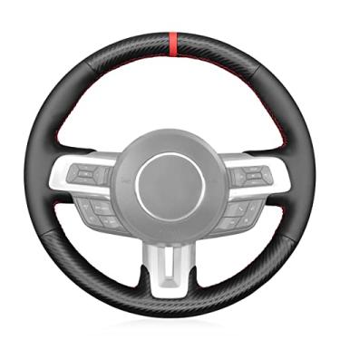 Imagem de MEWANT Capa de volante de carro de couro PU + fibra de carbono costurada à mão para Ford Mustang 2015 2016 2017 2018 2019 2020 2021