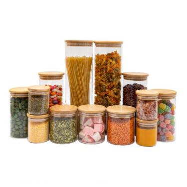 Imagem de kit de 13 potes de vidro com tampa de bambu hermético redondo mantimen