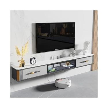 Imagem de Armário de TV Unidade de TV flutuante sob a TV com grande espaço de armazenamento, console de mídia flutuante de luxo moderno com porta de vidro dobrável e mesa de pedra, 4 cores Armário de mídia(Ligh