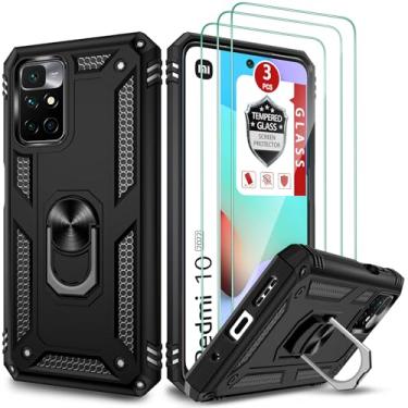 Imagem de Capa para Redmi 10 2021, capa para Redmi 10 Prime, capa para Redmi 10 2022 de 6,5 polegadas, com 3 películas de vidro temperado, suporte de anel embutido, à prova de choque, armadura defensora, camada