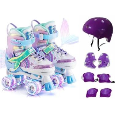 Imagem de Patins Roller Infantil Sport 4 Rodas Sereia Led c/ Kit Proteção, Roxo,