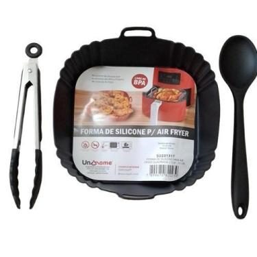 Imagem de Kit 3 Peças Forro para Air Fryer Quadrada 21cm ,Pinça de 25cm e Colher