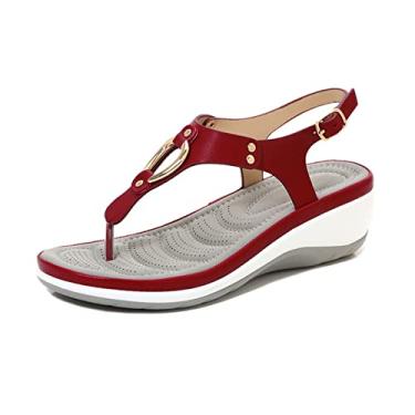 Imagem de Sapatos de praia femininos verão salto alto solado confortável sandálias casuais chinelos(Red,45EU)
