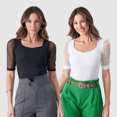 Imagem de Kit 2 Body Canelado Manga Curta Bufante Tule Poa Verão Top - Swisz, Pr