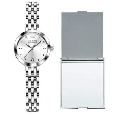 Imagem de Relógio Prata Feminino Luxo Analógico + Espelho Portátil - OLEVS