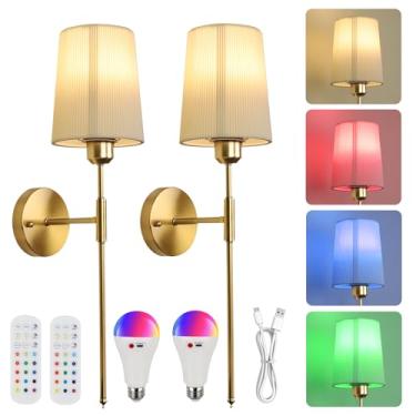 Imagem de QSDCVIS Arandelas de parede sem fio conjunto de 2 arandelas de parede recarregáveis USB operadas por bateria arandela de parede ajustável brilho elegante plissado sombra interior lâmpadas de parede