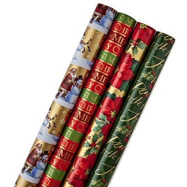 Imagem de Hallmark Pacote de papel de embrulho de Natal reversível, tradicional (pacote com 4, 150 metros quadrados ttl) Poinsétias, azevinho, Papai Noel, flocos de neve, ouro, vermelho, verde