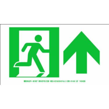 Imagem de Brady 81907 Placa de orientação de segurança de poliéster que brilha no escuro de alta intensidade que brilha no escuro - Aprovada pela NYC, 12,7 cm x 7,6 cm, legenda "Running Man Picto Only (W/Up
