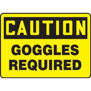 Imagem de Accuform Placa MPPE423VS, legenda "Caution Goggles Required", 25,4 cm de comprimento x 35,56 cm de largura x 0 cm de espessura, vinil adesivo, 25,4 cm x 35,5 cm, preto sobre amarelo