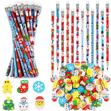Imagem de Lápis de Natal mini borrachas sortidas borrachas para crianças boneco de neve multicolorido Papai Noel árvore de Natal lápis de gengibre homem para crianças lápis de cor para lembrancinhas de festa de Natal (144 peças)