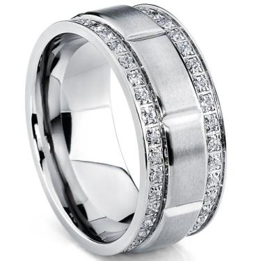 Imagem de Aliança de casamento masculina de titânio com zircônia cúbica de fileira dupla, tamanhos de ajuste confortável, 9 mm 8 a 12, Metal, Zircônia cúbica
