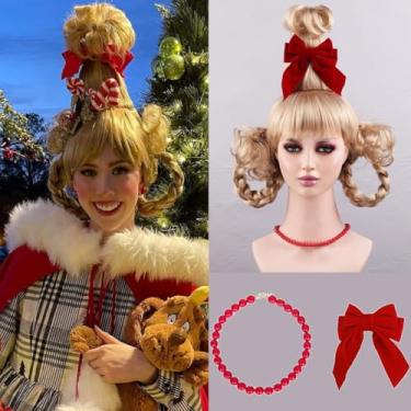 Imagem de MAGQOO Fantasia De Natal Com Peruca Loira Trançada, Laço Vermelho E Colar Contas, Cosplay Halloween