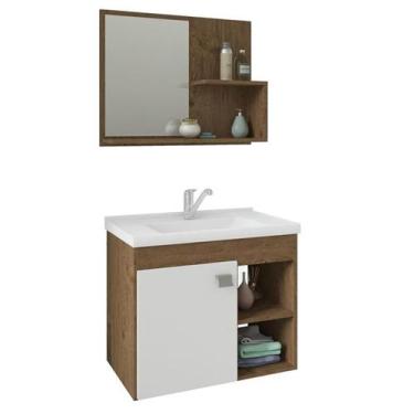 Imagem de Gabinete de Banheiro com Cuba e Espelheira Lotus 55cm Amendoa/Branco -