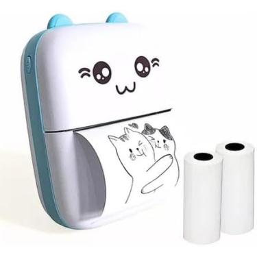 Imagem de Mini Impressora Térmica Portátil Bluetooth Wi-Fi para Celular + 11 Rolos Bobinas – Impressora de Fotos, Etiquetas e Desenhos – Sem Tinta, Compacta e Sem Fio – Design Gatinho – USB, 200dpi