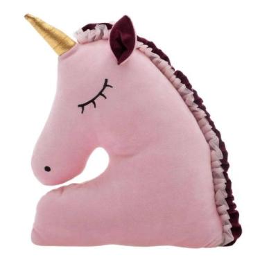 Imagem de Almofada ZIP Unicórnio em pelúcia com bordado e chifre dourado.