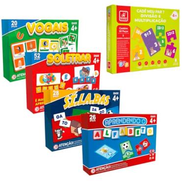 Imagem de Kit de Jogos Alfabetização Letramento Silabas Vogais Alfabeto Soletrar + Quebra Cabeça Divisão Multiplicação