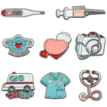 Imagem de UR URLIFEHALL 8 peças, 8 estilos, tema médico, esmaltado, emblemas, conjunto de emblemas, estetoscópio, ambulância, alfinetes de lapela para roupas, suéter, lenço, chapéus, artesanato DIY