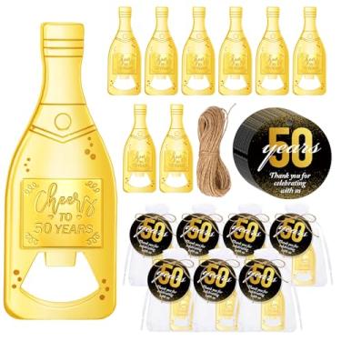 Imagem de Misdary 25 conjuntos de lembrancinhas de festa de aniversário de 50 anos para convidados PEQUENO abridor de garrafas dourado com etiqueta de agradecimento Saco de organza Cheers para 50 Lembranças de
