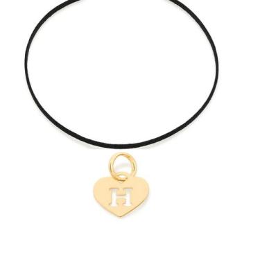 Imagem de Colar Rommanel Couro Preto Pingente Coração Com Letra H