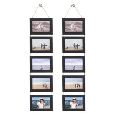 Imagem de AojSup 2 porta-retratos para pendurar na parede, 10 x 15 cm, colagem com 10 aberturas, colagem com corda - preto rústico, molduras de madeira projetadas em estilo casual - apenas montagem na parede