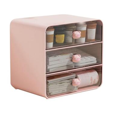 Imagem de Cosméticos Caixa de armazenamento 3 gavetas Organizador de desktop Organizador de bancada Case de armazenamento de bancada Caso de armazenamento Plástico Domorário doméstico (Grande porquinho rosa)