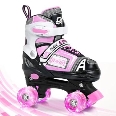 Imagem de Patins quadriciclos ajustáveis para crianças, adolescentes e adultos – rodas iluminadas – ajuste confortável, fecho seguro, patins internos e externos para meninos e meninas (rosa, pequeno - criança