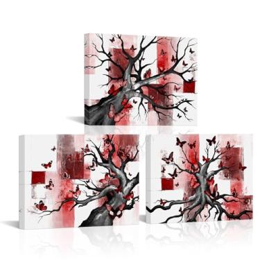 Imagem de RyounoArt Arte de parede borboleta imagens pretas e vermelhas pintura em tela árvore da vida banheiro quarto decoração de parede emoldurada 40,6 x 30,5 cm (vermelho)