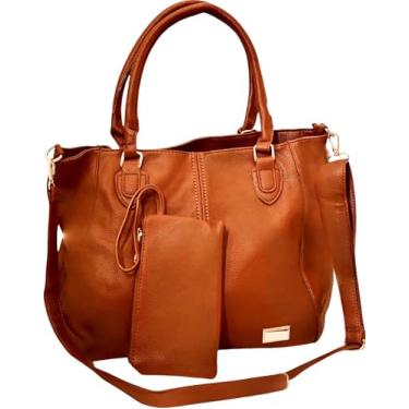 Imagem de Bolsa Feminina Grande de Mão e Ombro Transversal em Couro Lateral Espaçosa Trabalho Faculdade Sacola Necessarie (Caramelo)