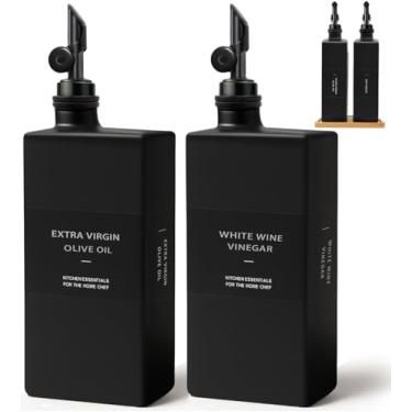 Imagem de Garrafa dispensadora de azeite de oliva para cozinha com bandeja de bambu, conjunto de garrafas de óleo de vidro de 500 ml e dispensador de vinagre, conjunto decorativo de dispensador de óleo de