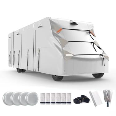 Imagem de FRUNO Capa de tecido Oxford Classe C RV serve para 20'-23' impermeável resistente a rasgões anti-UV Motorhome capa para trailer inverno neve com capa de macaco 4 capas de pneu e capas de calha