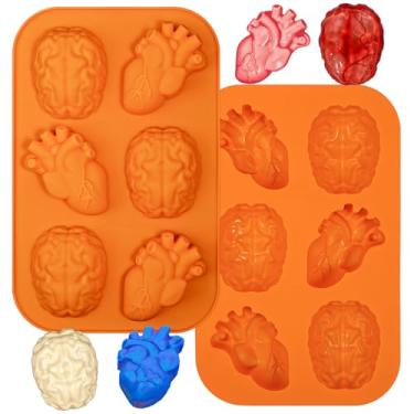 Imagem de Kamehame Molde de bolo de cérebro e coração, 2 peças de moldes de gelatina de silicone, moldes de muffin de cupcake de órgão humano de simulação de Halloween, laranja
