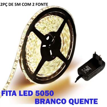 Imagem de Kit 2 Fita Led 5050 Branco Quente 3000k Luz Amarela Bivolt Com Fonte