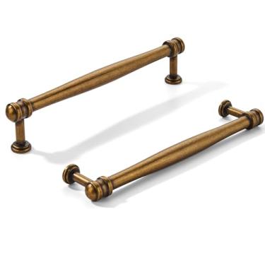 Imagem de khtumeware Pacote com 10 puxadores de armário de latão antigo com orifício central de 152 mm, alça sólida para armário de cozinha resistente, ferragens de armário para penteadeira, puxador de banheiro