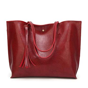 Imagem de Bigfanshu Bolsa feminina de couro macio bolsa de ombro Shopper Sacola Balde Moda, Vinho tinto, 30X36CM