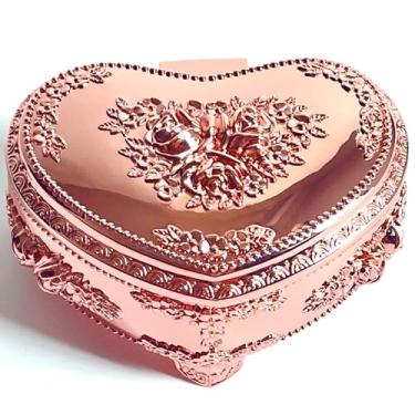 Imagem de KiteStar Caixa de joias em forma de coração, baú de joias de metal em relevo rosa, estojo de armazenamento de anel de colar e brincos para mulheres (ouro rosa, pequeno)