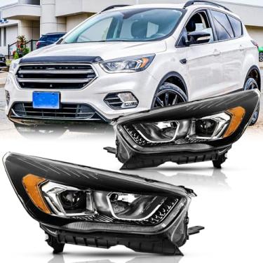 Imagem de Par de montagem de faróis compatível com 2017 2018 2018 2019 Ford Escape 3ª geração lâmpadas de halogênio de substituição direta com LED DRL (LH RH), lâmpadas incluídas, refletor âmbar preto