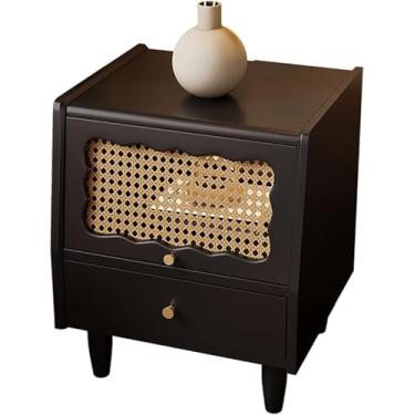 Imagem de Mesa De Cabeceira De Madeira, Mesas De Cabeceira Com 2 Gavetas De Armazenamento, Armário Lateral Com Porta De Ratten E Porta De Vidro, Adequado Para Quarto, Cherry Wood Color+glass Door