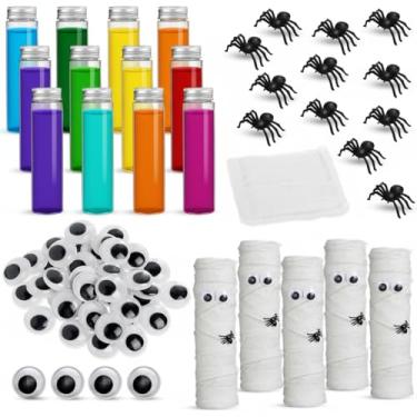 Imagem de Soulchen Conjunto de 12 tubos de plástico para doces de Halloween com mini bandagem de múmia, mini aranhas e olhos agitados, frascos de doces de Halloween, frascos de poção com tampas para presente de