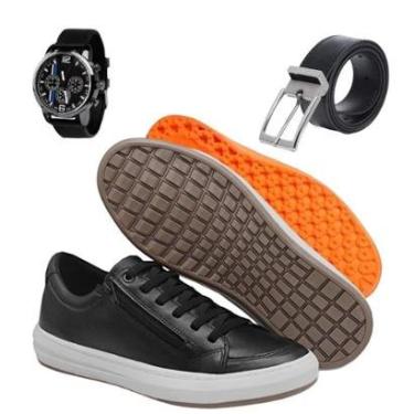 Imagem de Kit Sapatenis Casual Calce Fácil Couro Legítimo Tênis Masculino Zíper Lateral Com Relógio e Cinto-Masculino