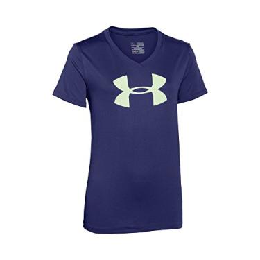 Imagem de Under Armour Youth Girls' Big Logo Tech Short Sleeve V-Neck T-Shirt, Europa Purple /Sugar Mint, Youth X-Large