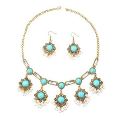 Imagem de Vintage étnico cristal filigrana flor pingente gota gancho declaração brinco simulado pérola contas borla corrente gargantilha ajustável para mulheres boho indiano oxidado tradicional Bollywood