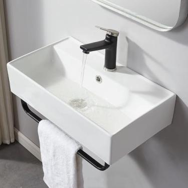 Imagem de Pia de banheiro montada na parede com toalheiro, pia retangular de vaso 53 x 30 cm moderna branca pendurada na parede bandeja de piscina de borda fina para banheiros pequenos (252 branco)