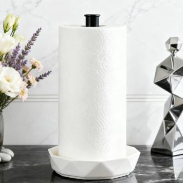 Imagem de VROOMIUM Suporte de toalha de papel, base de cerâmica resistente à água e óleo, serve para rolos de tamanho duplo e familiar, suporte de rolo de cozinha estável e fácil de limpar - preto