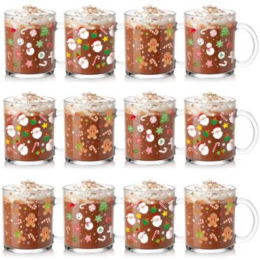 Imagem de Vesici Conjunto de 12 canecas de vidro de Natal 340 g canecas de café de Natal de inverno com alça Papai Noel pão de gengibre floco de neve canecas de café gelado presente de Natal para mulheres