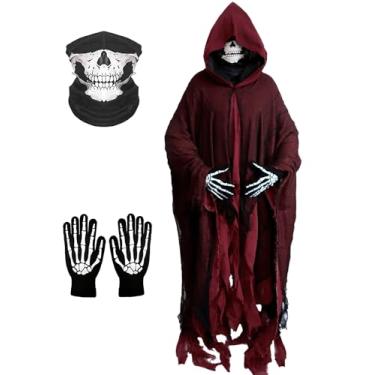 Imagem de Fantasia de Ceifador de Halloween Capa de Terror com Capuz para Homens Conjunto de Manto Vintage Assustador com Gancho, Máscara de Caveira e Luvas de Esqueleto (Vermelho)
