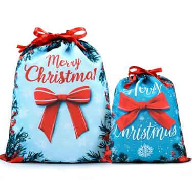 Imagem de Mshutbna Sacos de presente de Natal Bow 2 peças sacos de embrulho de tecido reutilizável com cordão para presentes de Natal, decorações de festa, lembrancinhas de feriado 16x12 30,5 x 25,4 cm