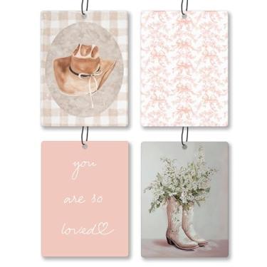 Imagem de Exqcom Preppy Western Cowgirl Ambientador de carro 4 peças, laço rosa floral chapéu de vaqueira botas aromas pendurados aromatizador de ar para mulheres meninas presentes, acessórios de carro