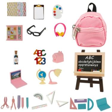 Imagem de 34 peças de mini material escolar para bonecas, material escolar de boneca, inclui mochila, laptops, óculos, paleta de quadro-negro, régua, tesoura, calculadora, lâmpada de mesa, globo para bonecas