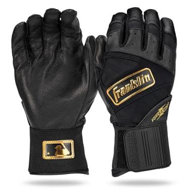 Imagem de Franklin Sports Luvas de rebatedor MLB – Infinite Powerstrap Baseball + Softball – Equipamento de treino de gaiola completa durável – punho longo + couro resistente – adulto médio – preto + dourado